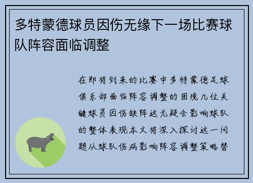 多特蒙德球员因伤无缘下一场比赛球队阵容面临调整